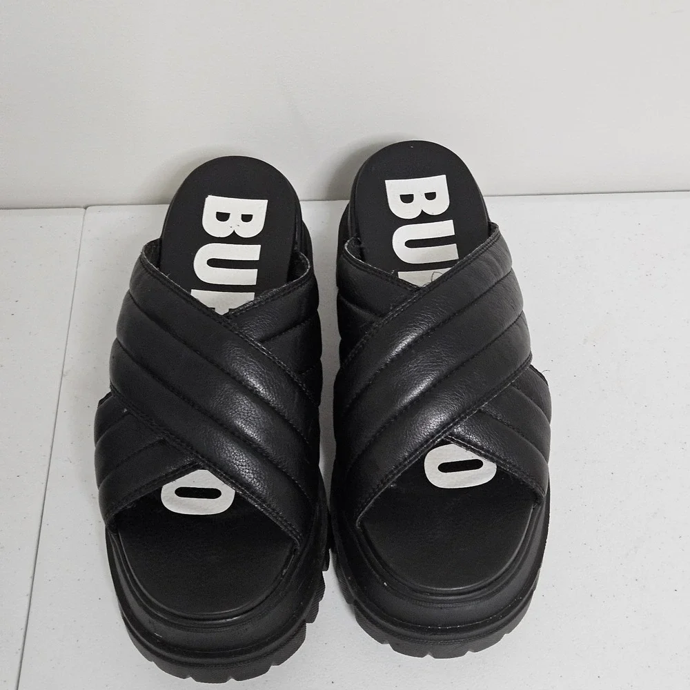 Buffalo Platform Slides Womens‎ 40 Black Quilted Crisscross Lug Sole Sandals